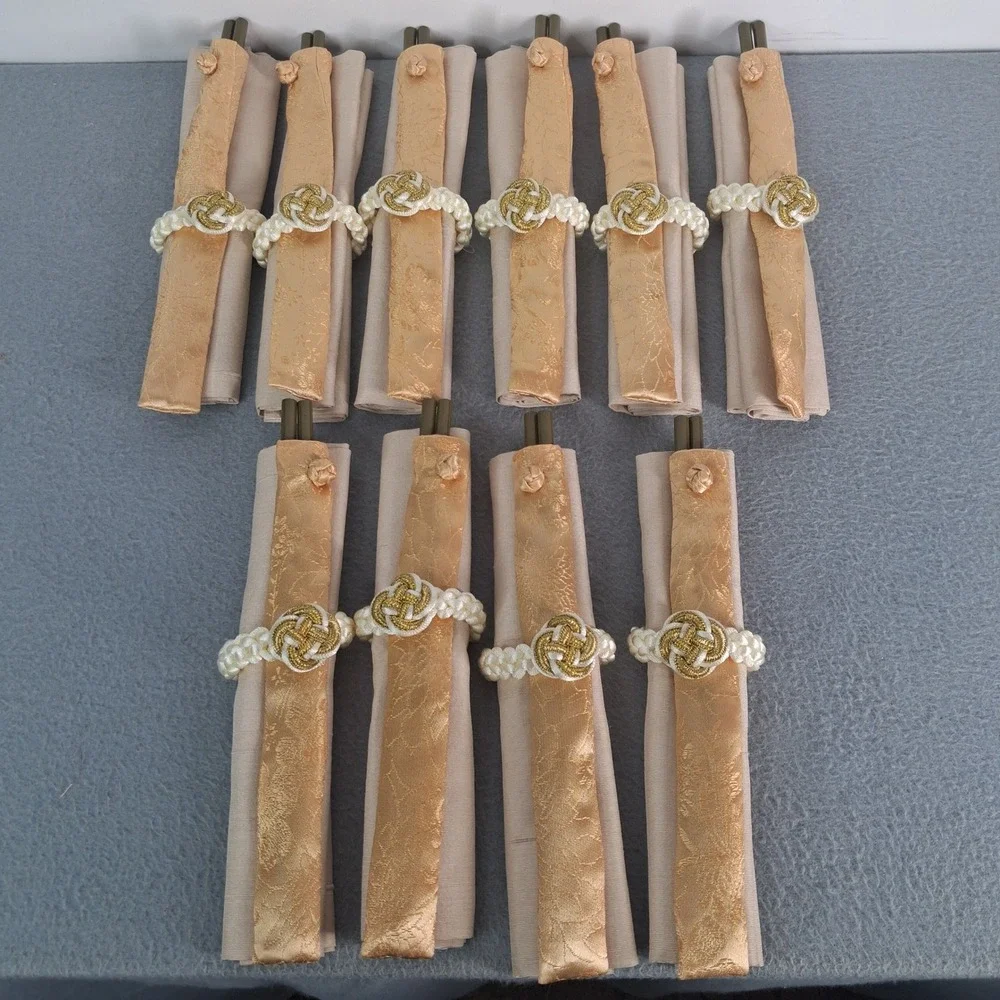 Gold Brocade Chopstick Napkin Set 10pc Asian Dining Decor Champagne Green